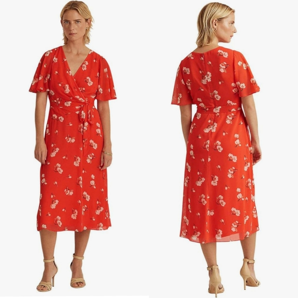 Lauren Ralph Lauren Floral Crinkled Georgette Midi Dress Orange Cream Tan NWT